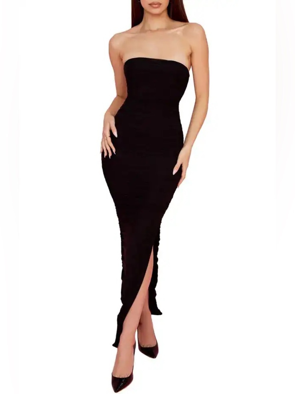 House of CB Black Strapless Ruched Maxi Dress